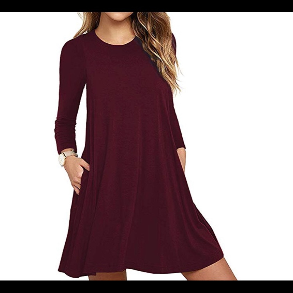 Wine Long Sleeve Pocket Casual Loose T-Shirt Dress